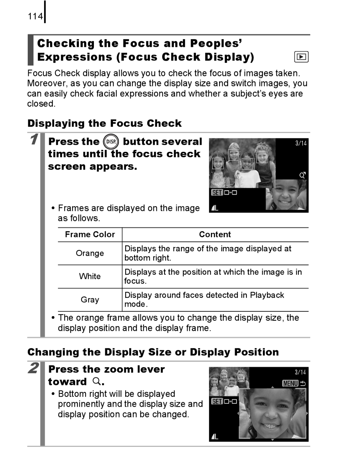 Canon 85IS manual 114, Frames are displayed on the image as follows, Frame Color Content 