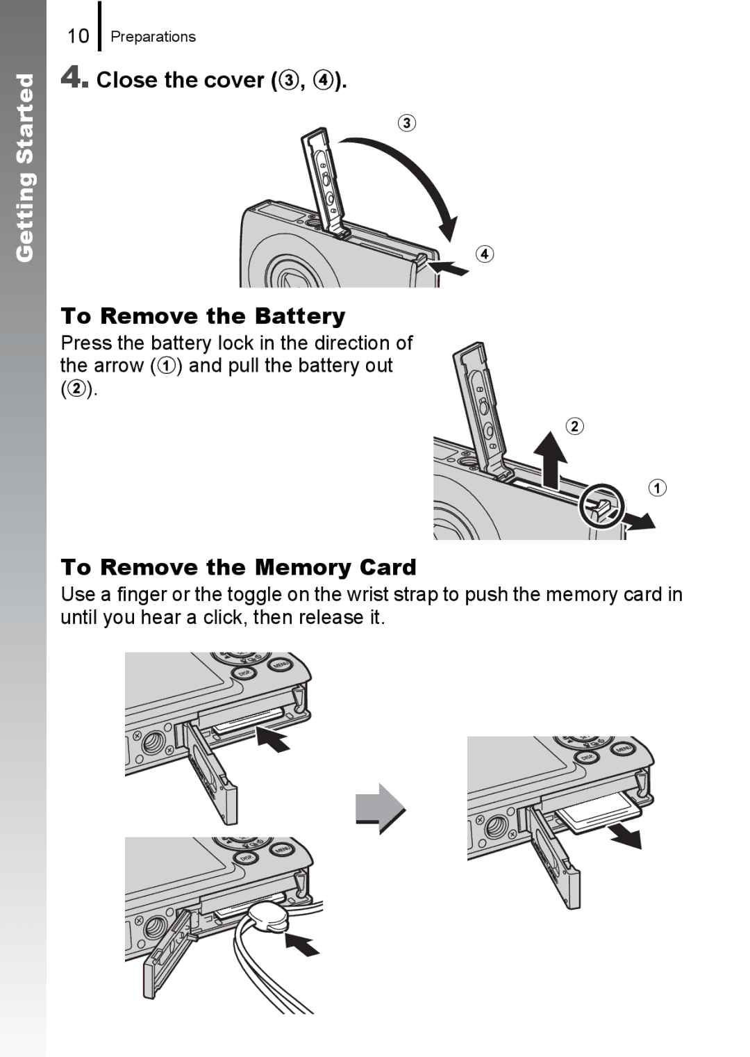 Canon 85IS manual Close the cover c, d To Remove the Battery, To Remove the Memory Card 