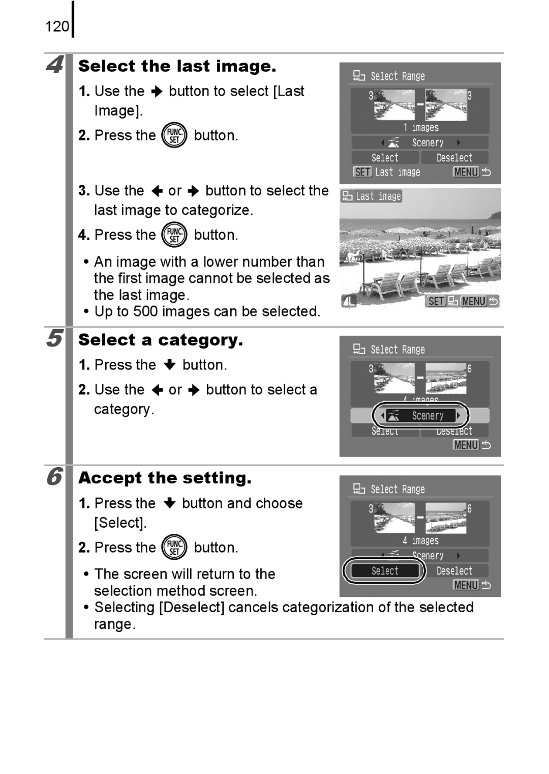 Canon 85IS manual Select the last image, Select a category, 120, Press the button Use the or button to select a Category 