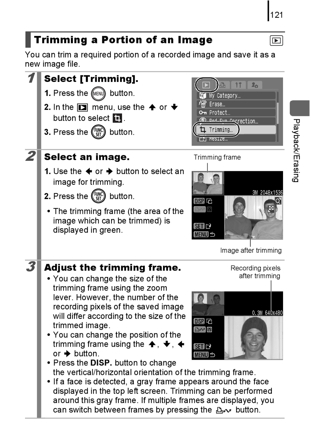 Canon 85IS manual Trimming a Portion of an Image, Select Trimming, Select an image, Adjust the trimming frame, 121 