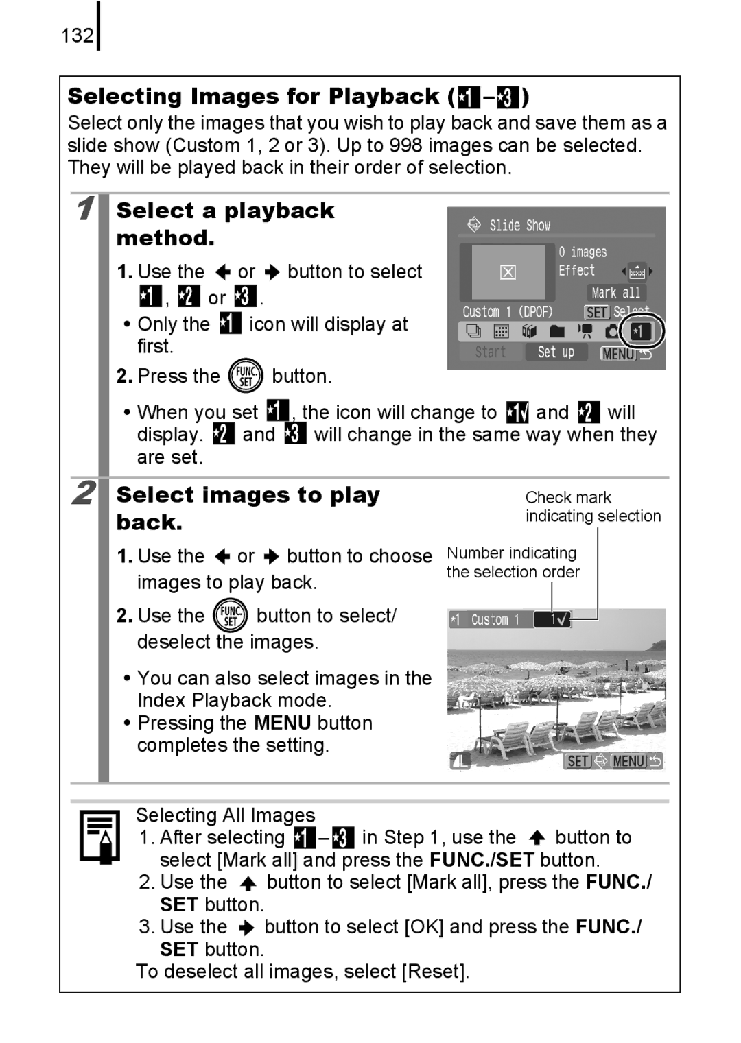 Canon 85IS manual Selecting Images for Playback, Select images to play, Back, 132, Use the or button to choose 