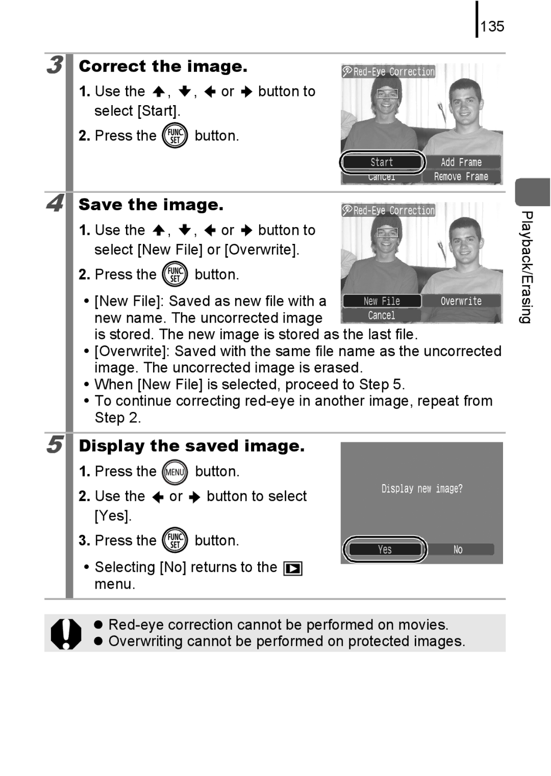 Canon 85IS manual Correct the image, 135, Use the , , or button to select Start Press the button 