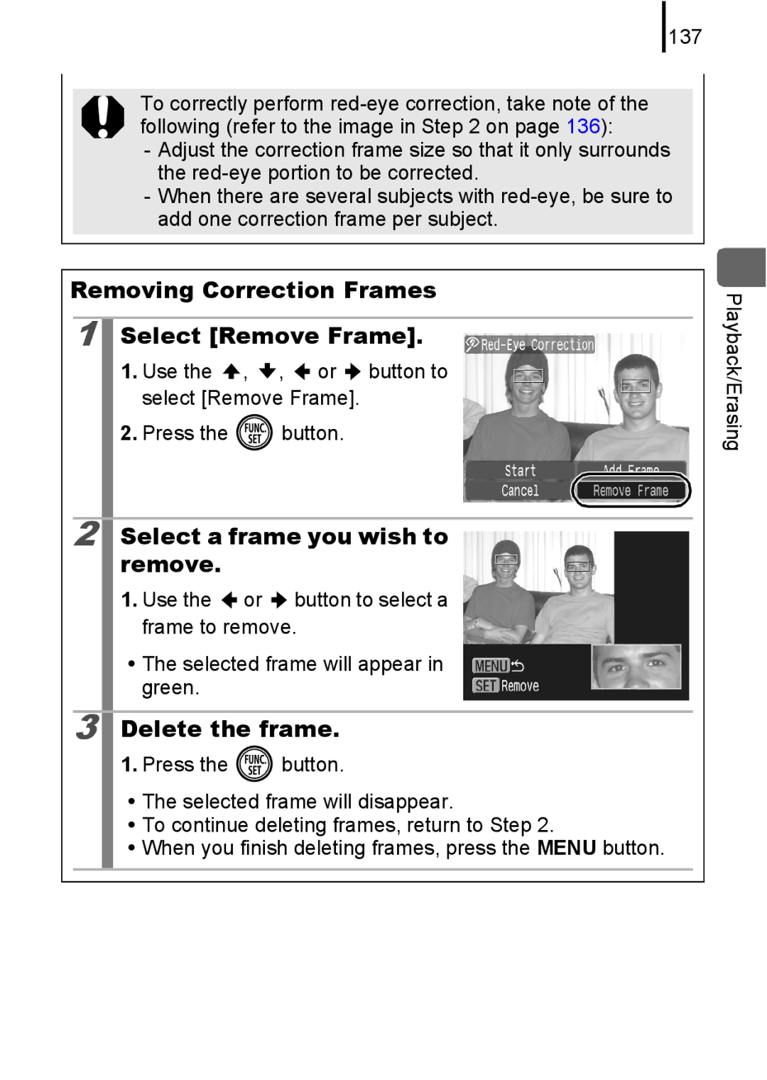 Canon 85IS manual Removing Correction Frames Select Remove Frame, Select a frame you wish to remove, Delete the frame, 137 