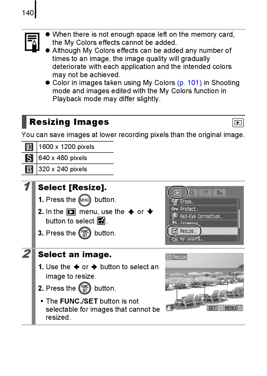 Canon 85IS manual Resizing Images, Select Resize 