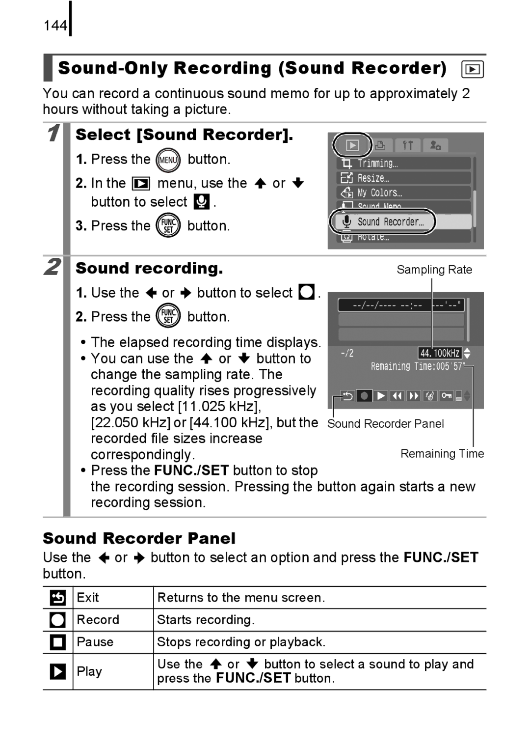 Canon 85IS manual Sound-Only Recording Sound Recorder, Select Sound Recorder, Sound recording, Sound Recorder Panel, 144 