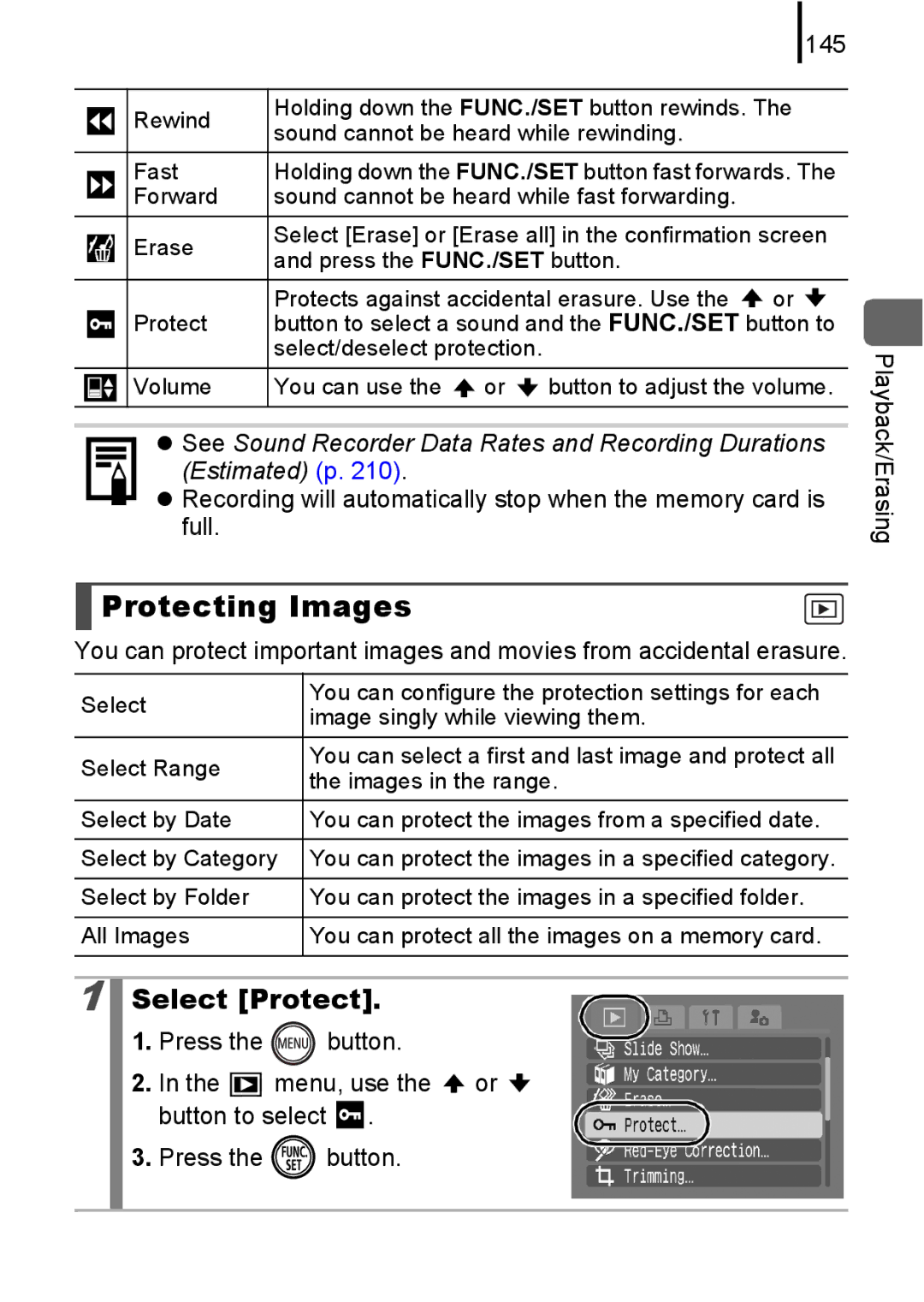 Canon 85IS manual Protecting Images, Select Protect, 145 