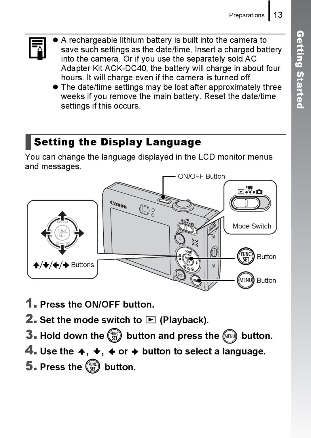 Canon 85IS manual Setting the Display Language 