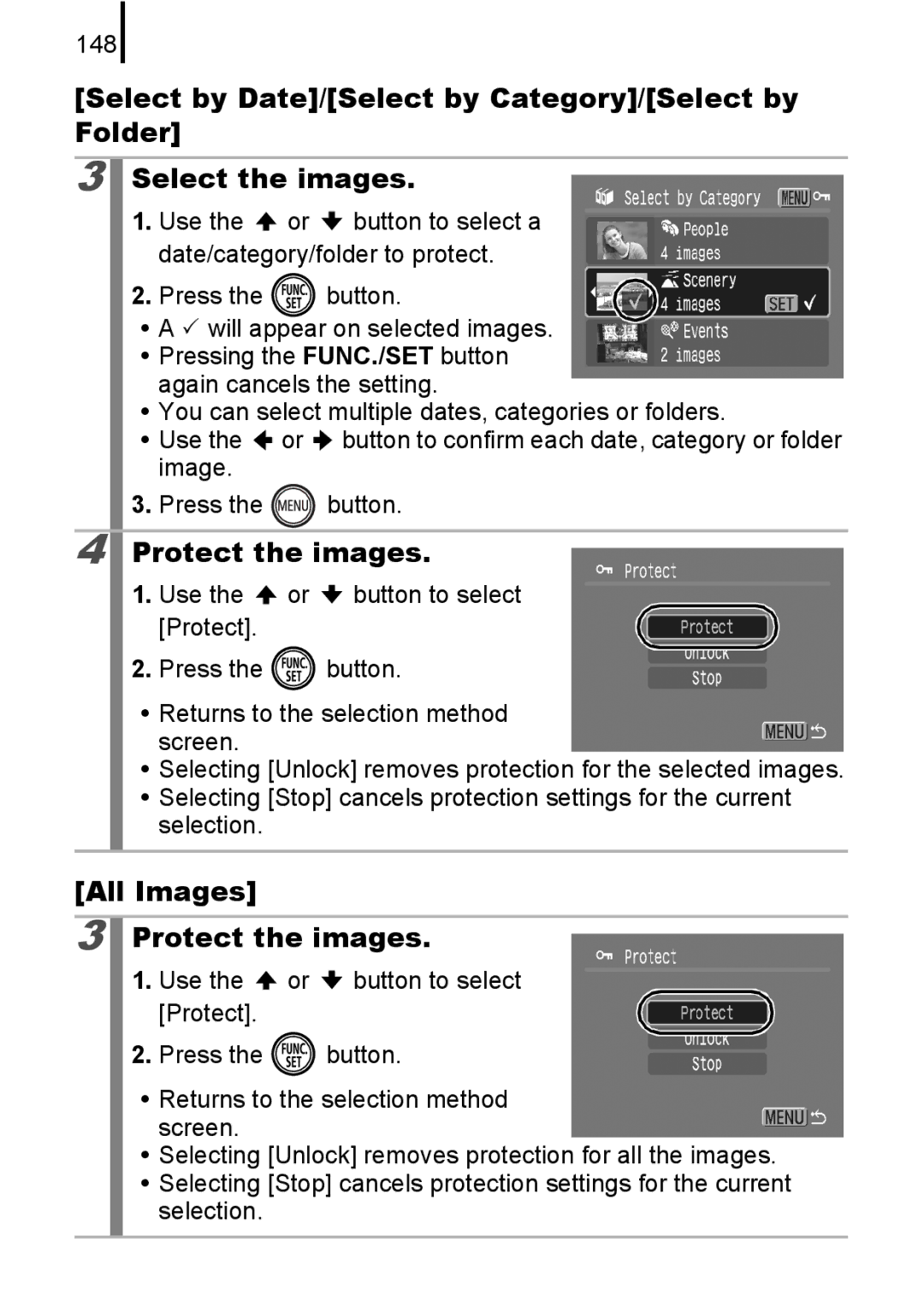 Canon 85IS manual All Images Protect the images, 148 