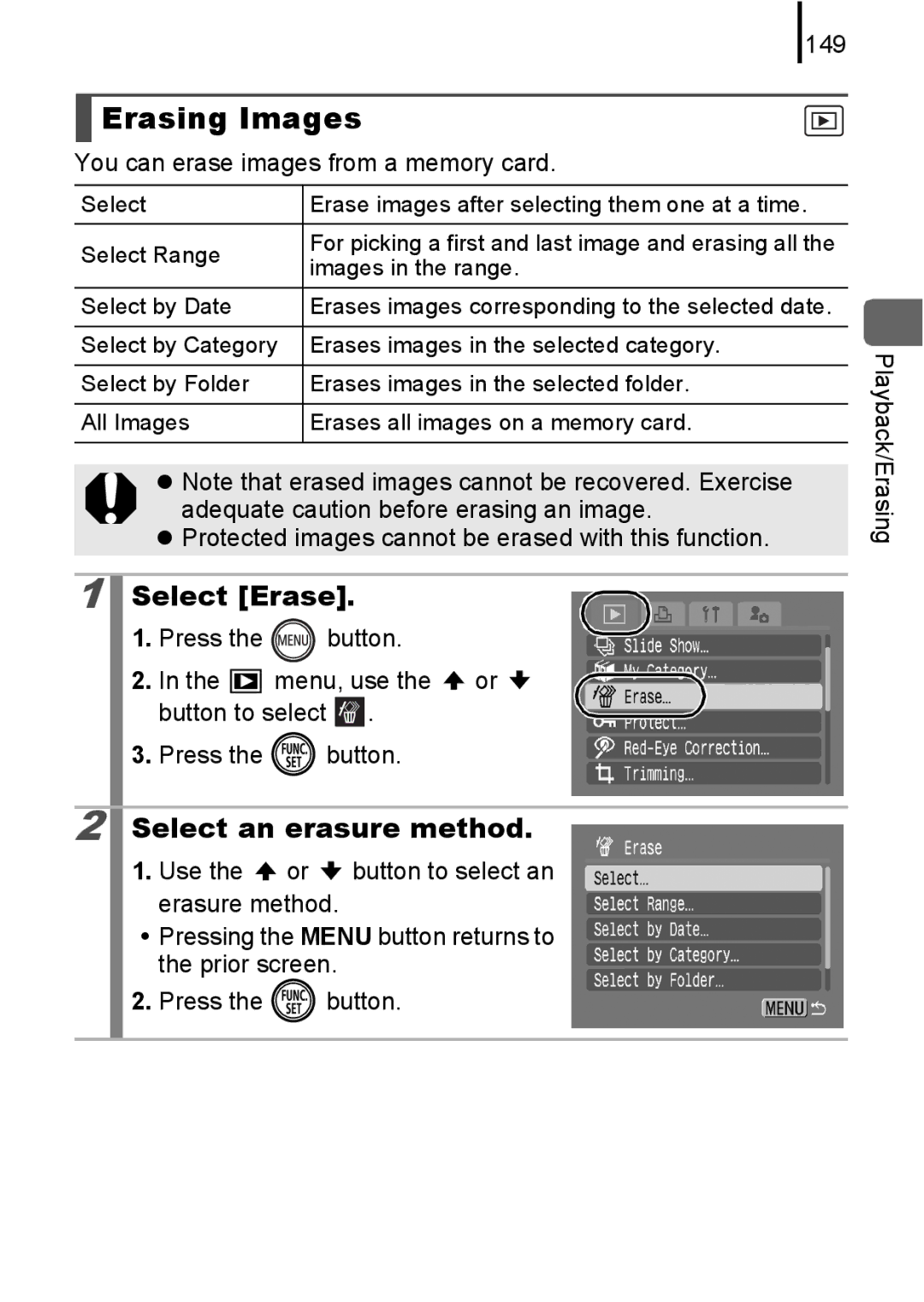 Canon 85IS manual Erasing Images, Select Erase, Select an erasure method 