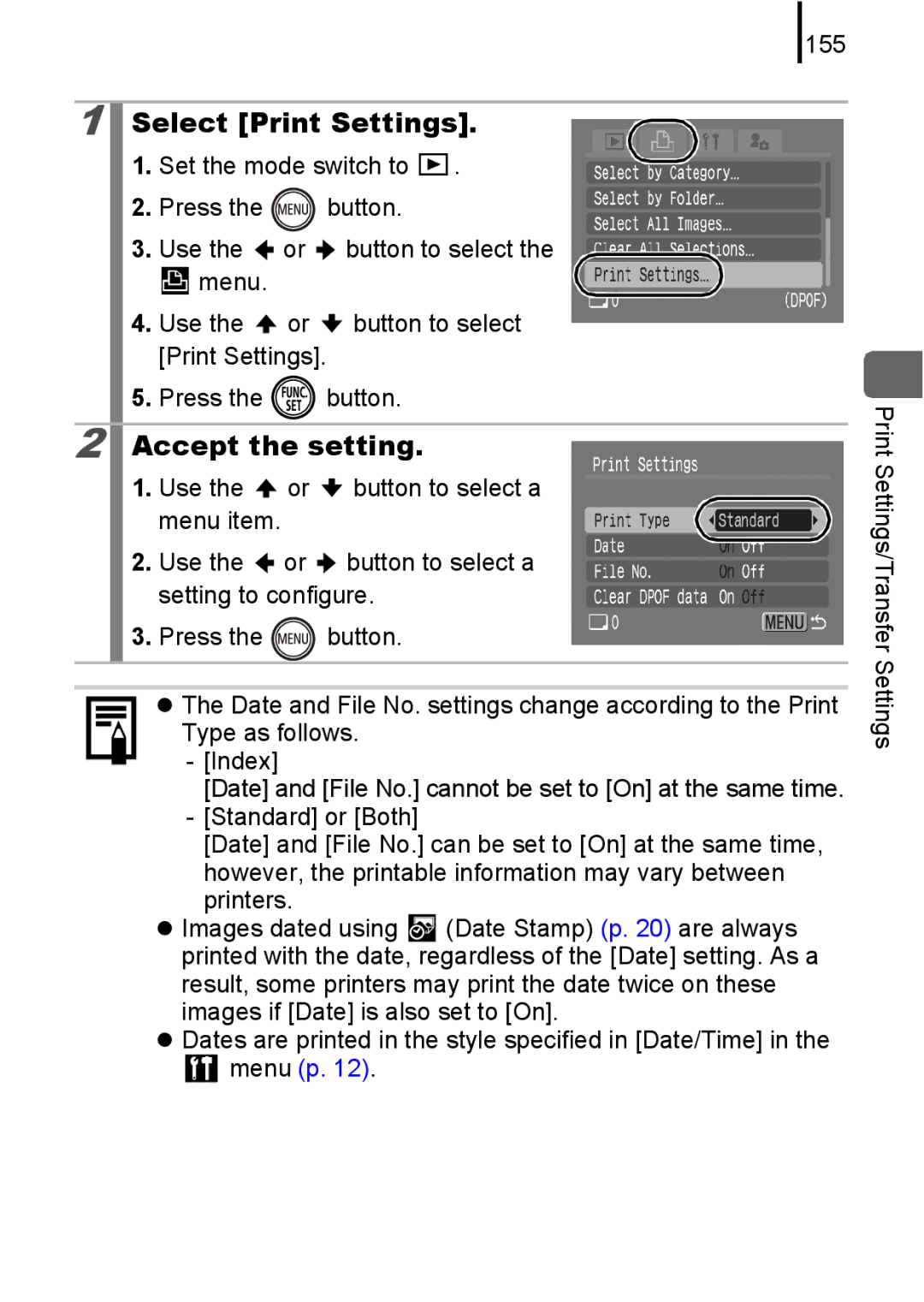 Canon 85IS manual Select Print Settings, 155 