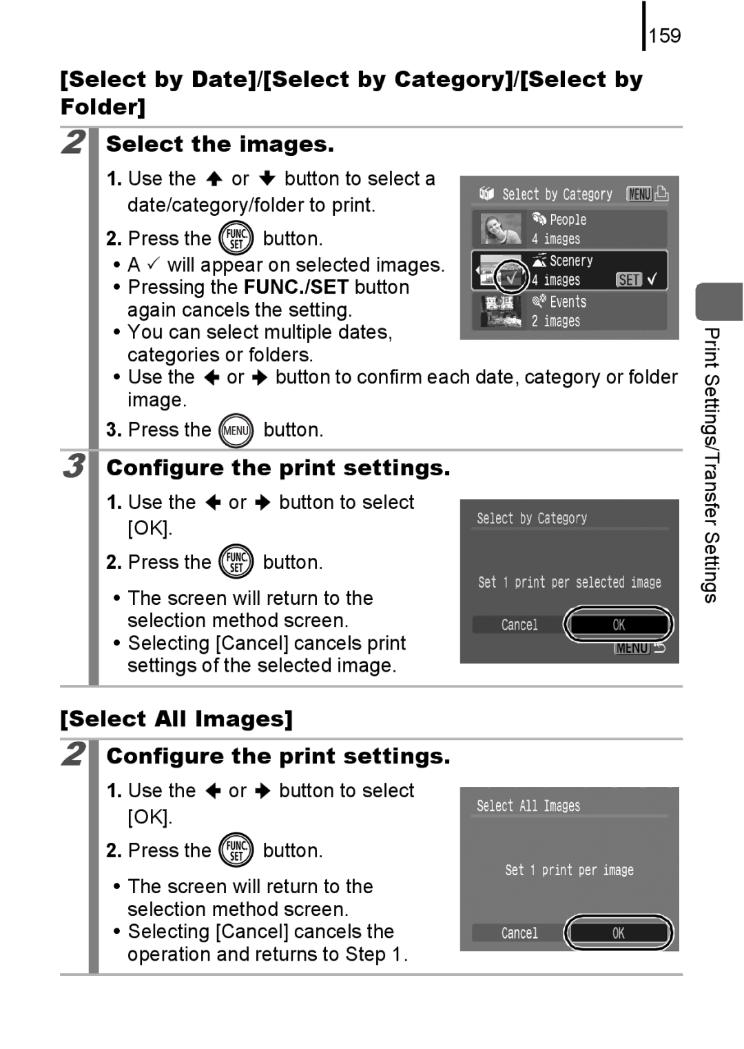 Canon 85IS manual Select All Images Configure the print settings, 159 