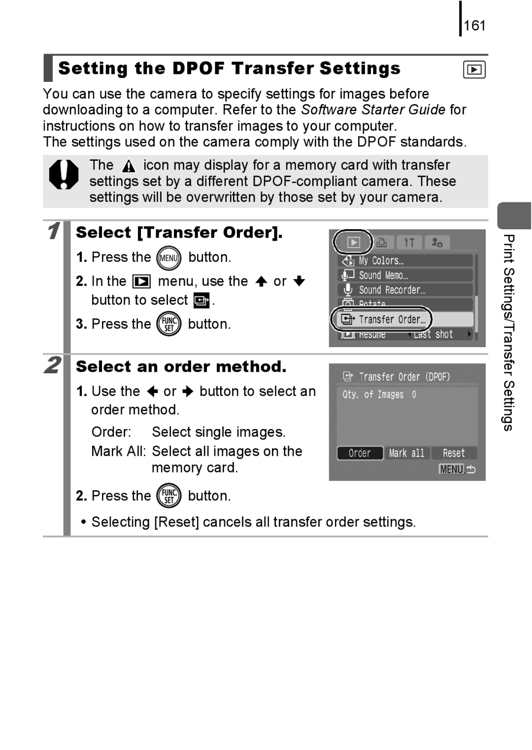 Canon 85IS manual Setting the Dpof Transfer Settings, Select Transfer Order, Select an order method, 161 