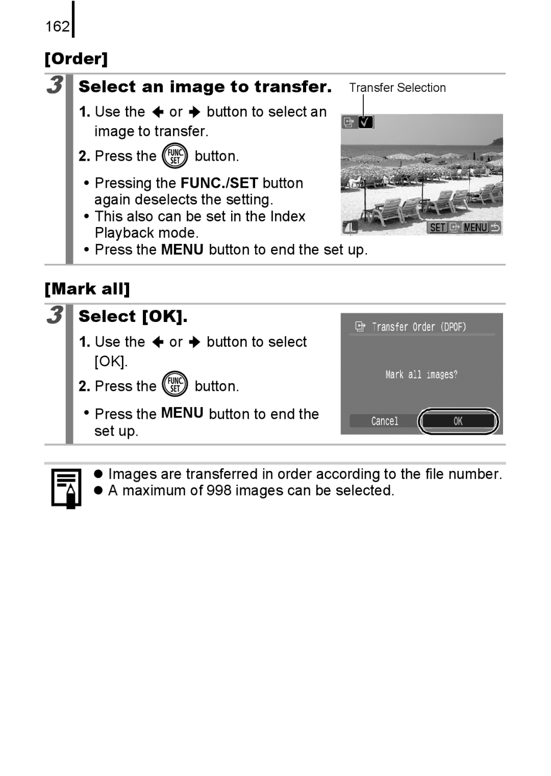 Canon 85IS manual Order Select an image to transfer. Transfer Selection, Mark all Select OK, 162 