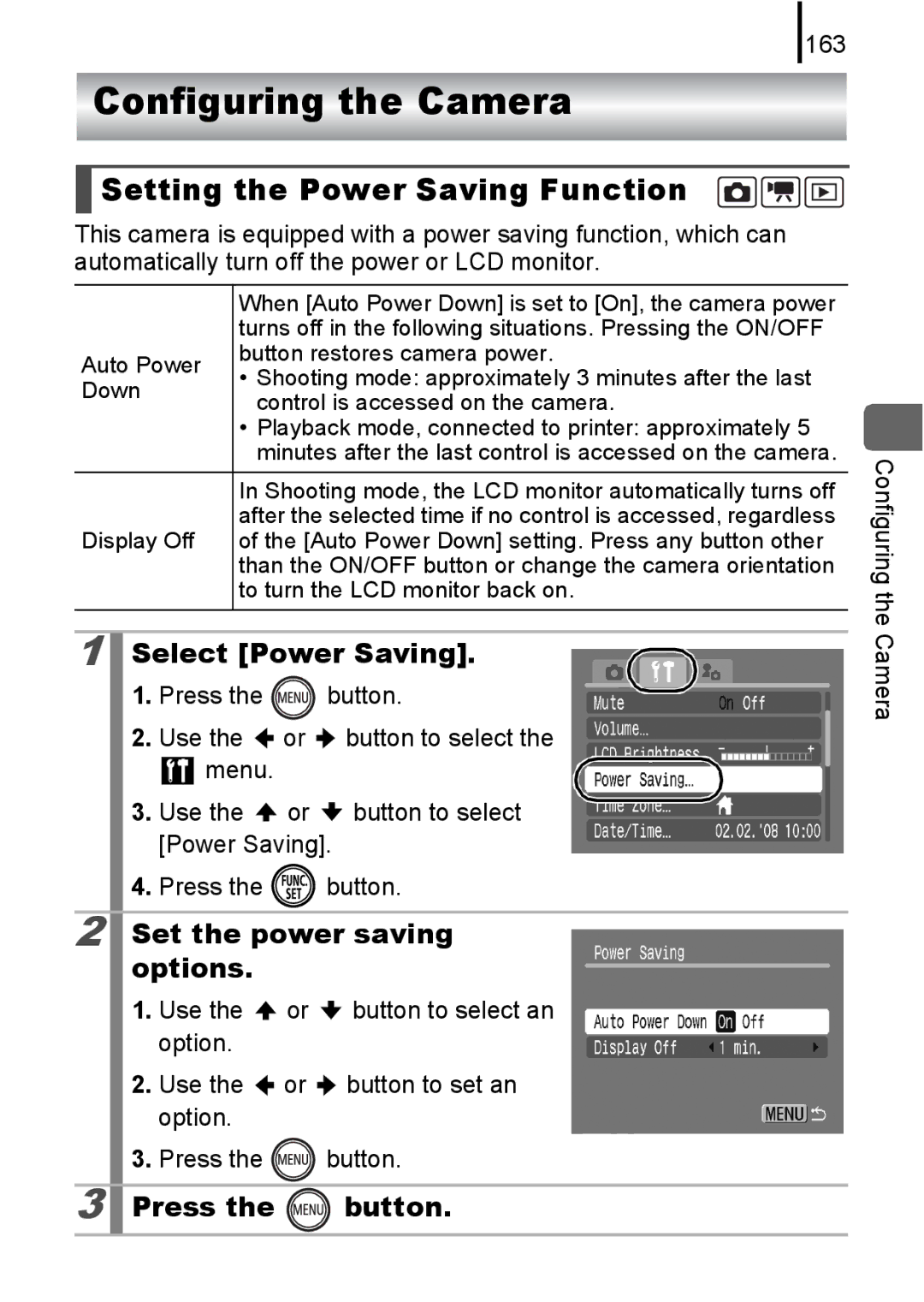 Canon 85IS Configuring the Camera, Setting the Power Saving Function, Select Power Saving, Set the power saving, Options 