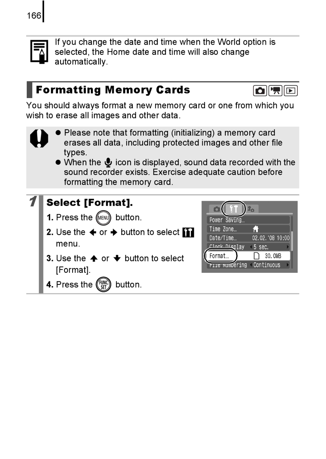 Canon 85IS manual Formatting Memory Cards, Select Format 