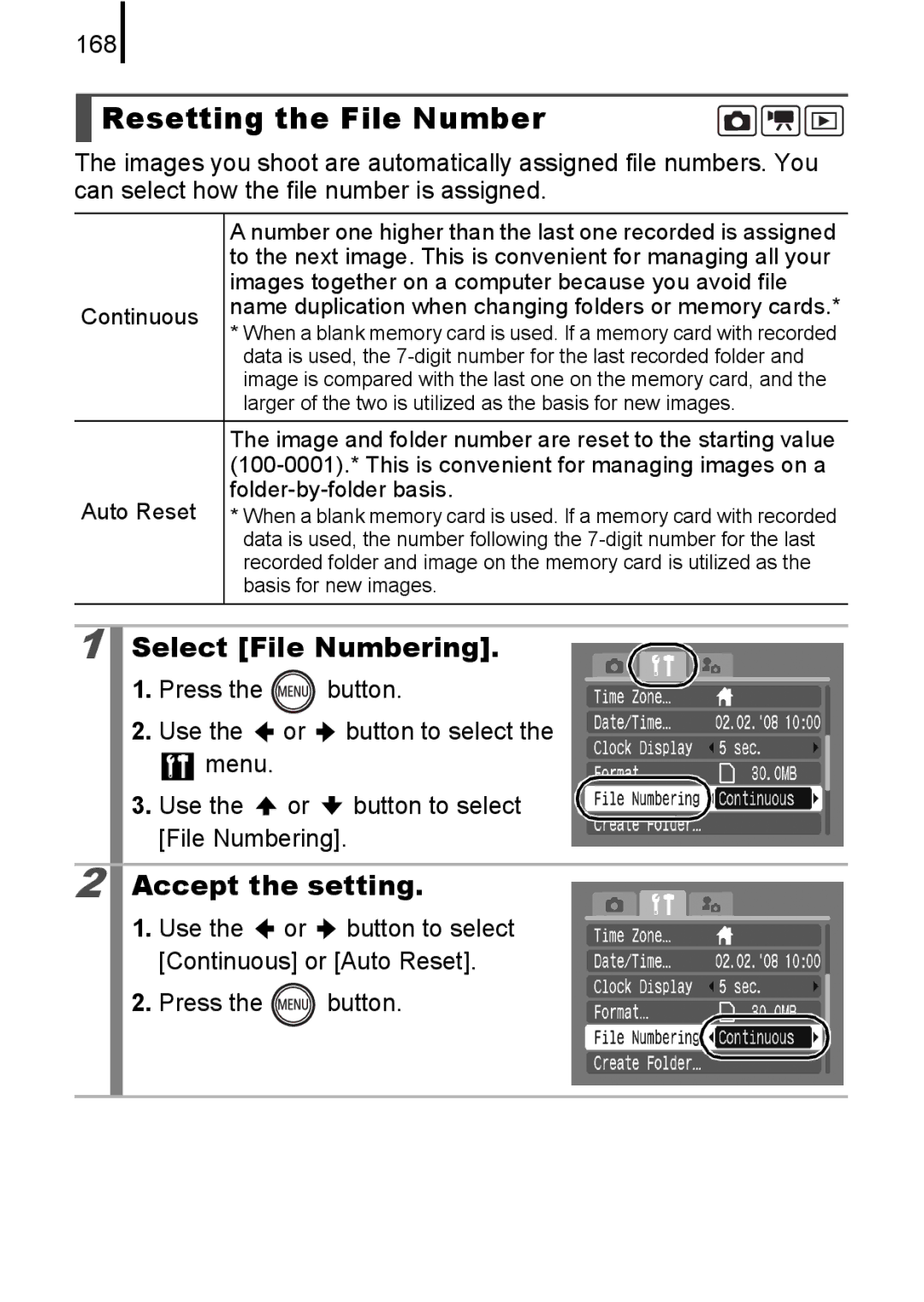 Canon 85IS manual Resetting the File Number, Select File Numbering, 168 