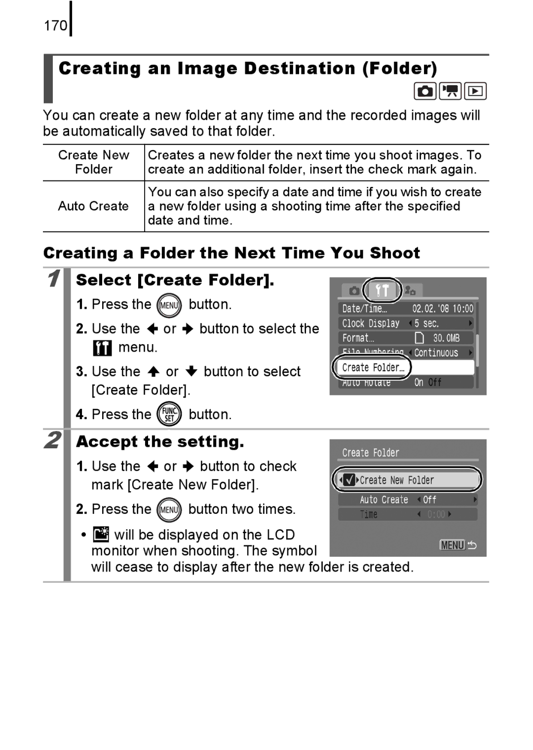 Canon 85IS manual Creating an Image Destination Folder, 170 