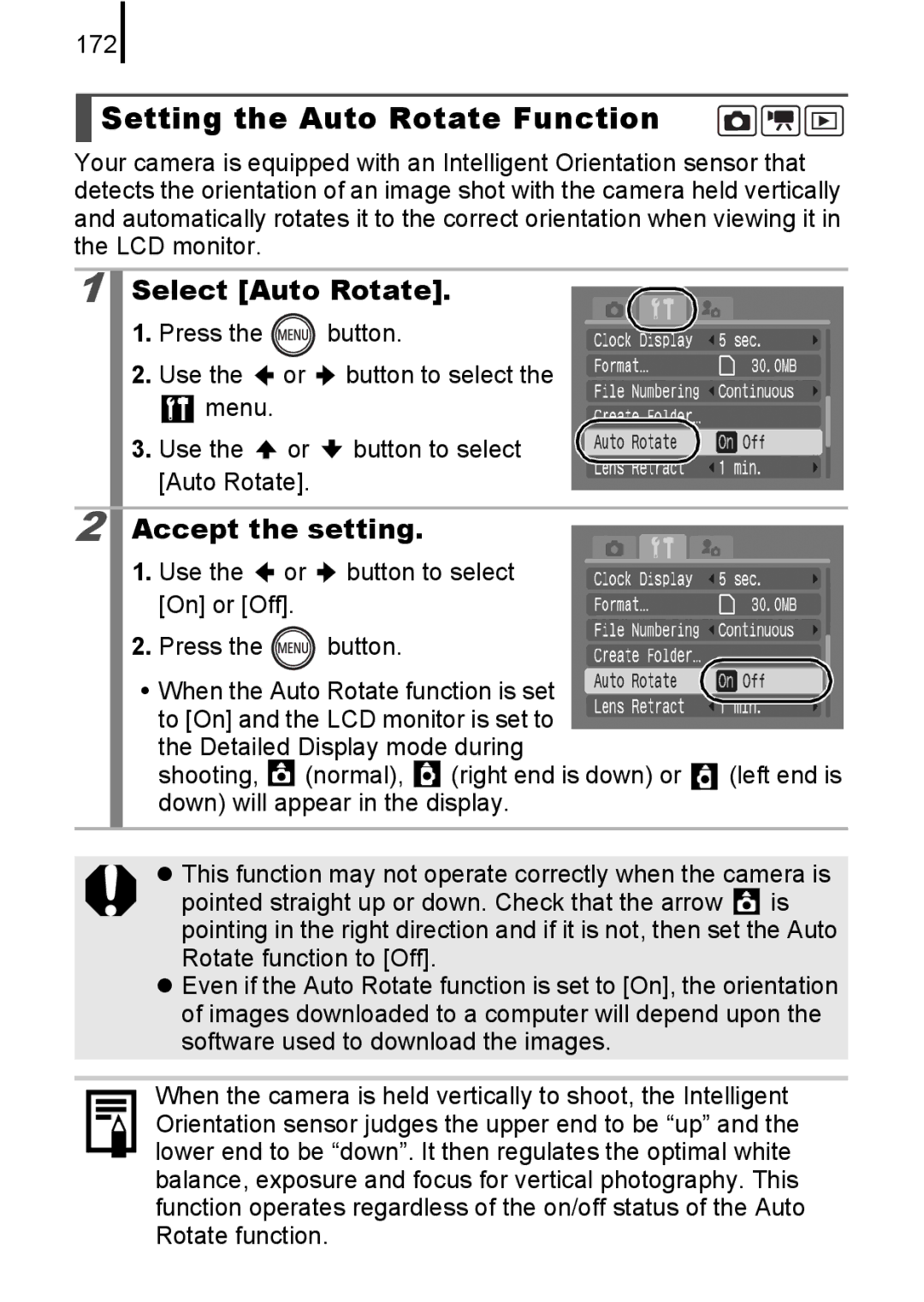 Canon 85IS manual Setting the Auto Rotate Function, Select Auto Rotate, 172, Left end is 