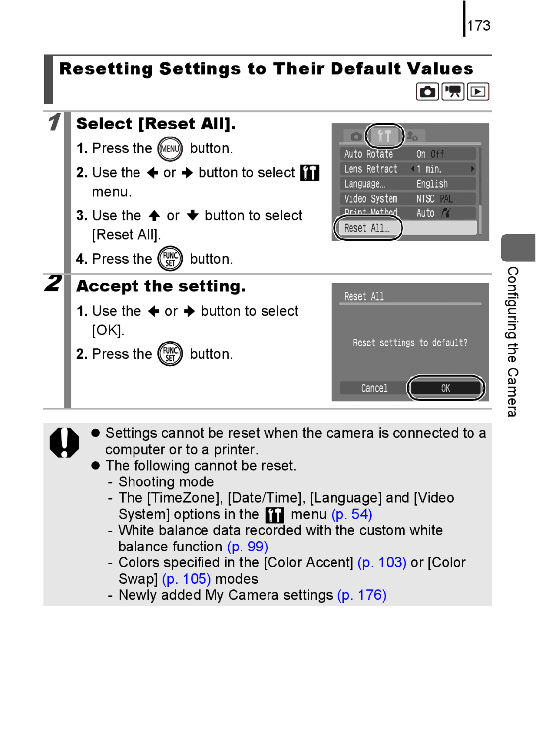 Canon 85IS manual Resetting Settings to Their Default Values, Select Reset All, 173 