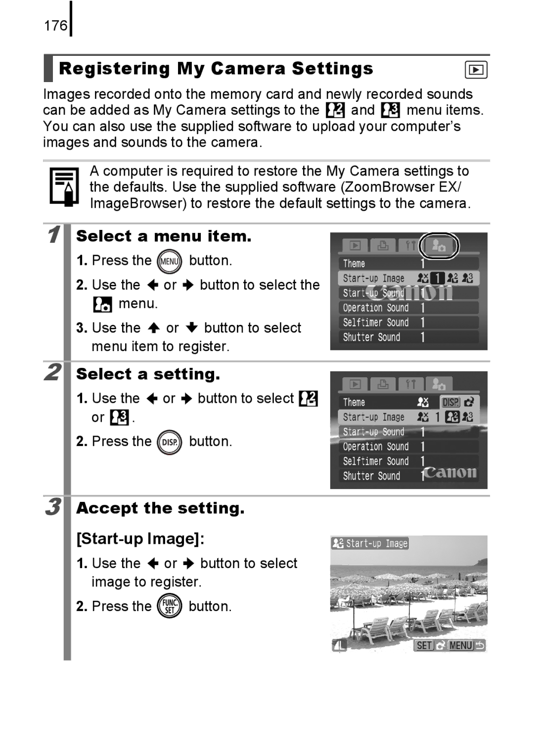 Canon 85IS manual Registering My Camera Settings, Select a setting, Accept the setting Start-up Image, 176 