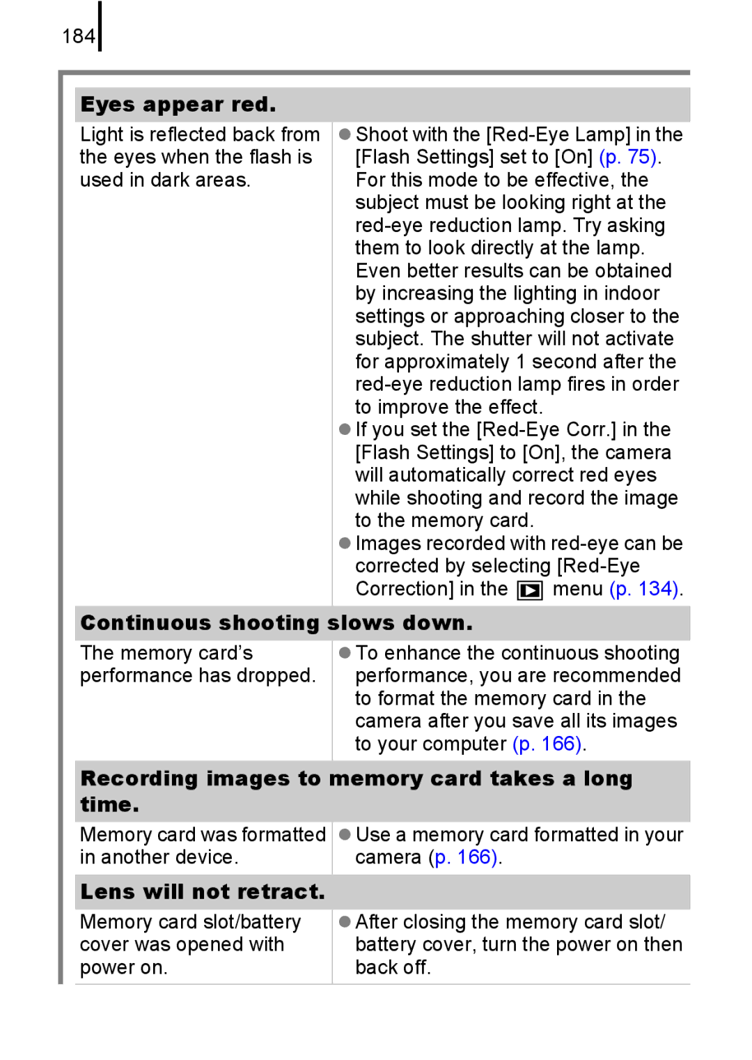 Canon 85IS manual 184, Eyes appear red, Continuous shooting slows down, Recording images to memory card takes a long time 