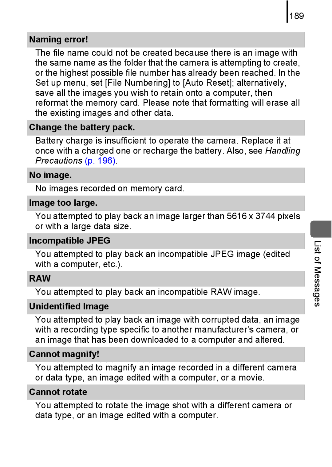 Canon 85IS manual Naming error, Change the battery pack, No image, Image too large, Incompatible Jpeg, Unidentified Image 