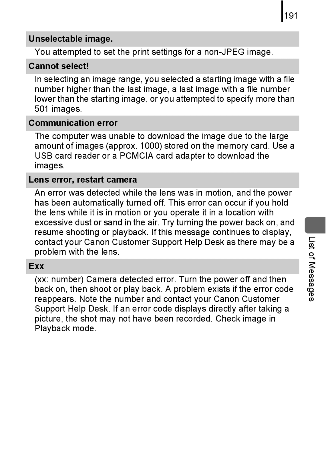 Canon 85IS manual Unselectable image, Cannot select, Communication error, Lens error, restart camera, Exx 