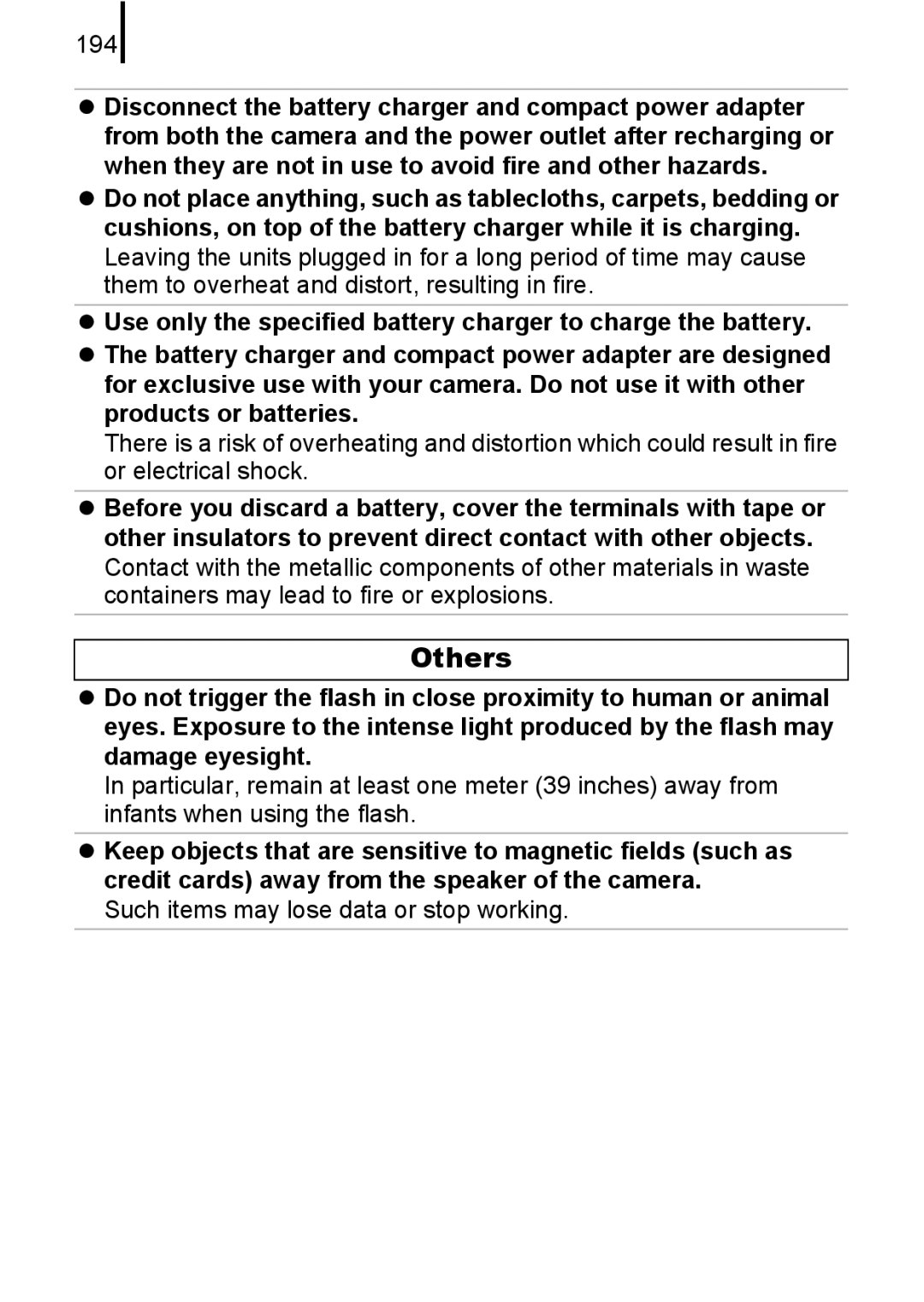 Canon 85IS manual Others, 194, Such items may lose data or stop working 