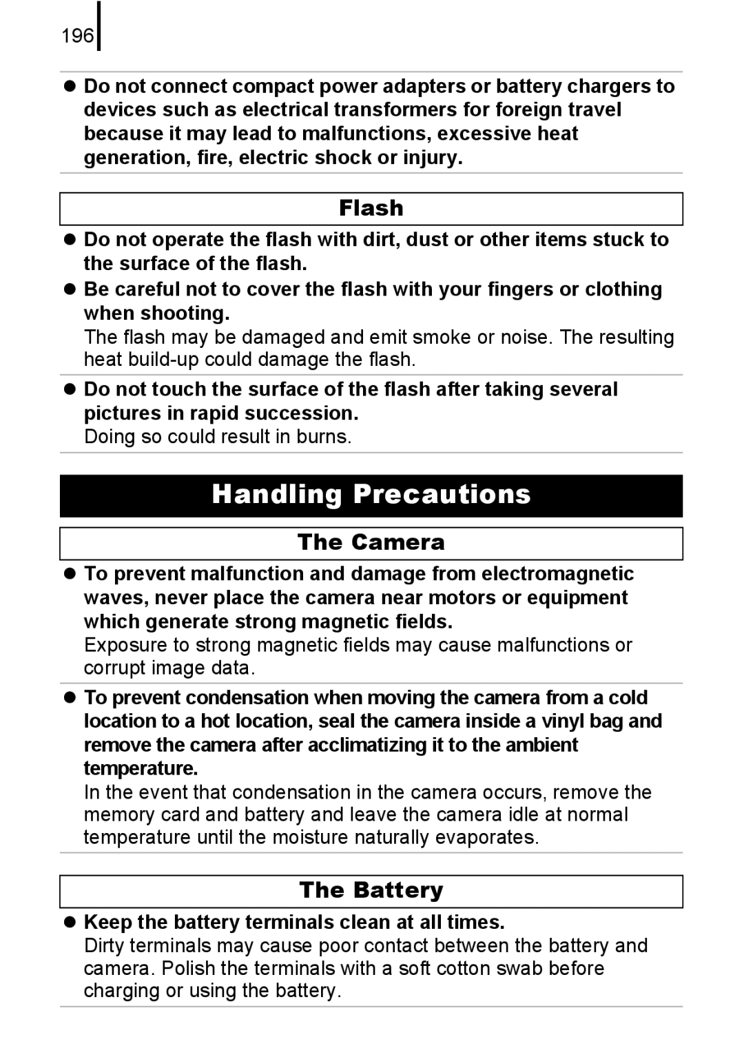 Canon 85IS manual Flash, Camera, 196, Doing so could result in burns, Keep the battery terminals clean at all times 