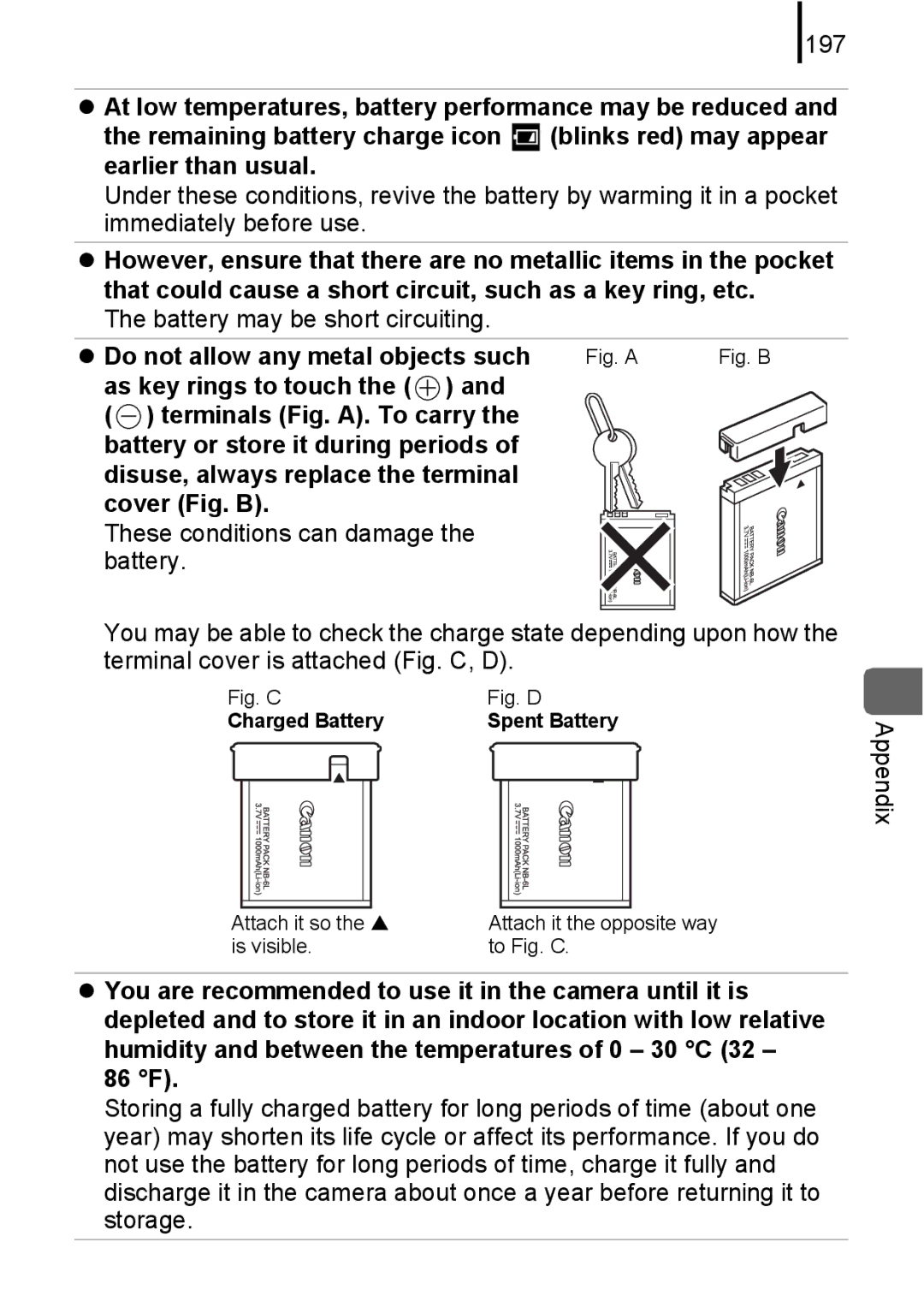 Canon 85IS manual 197, Battery may be short circuiting, Appendix, Do not allow any metal objects such 