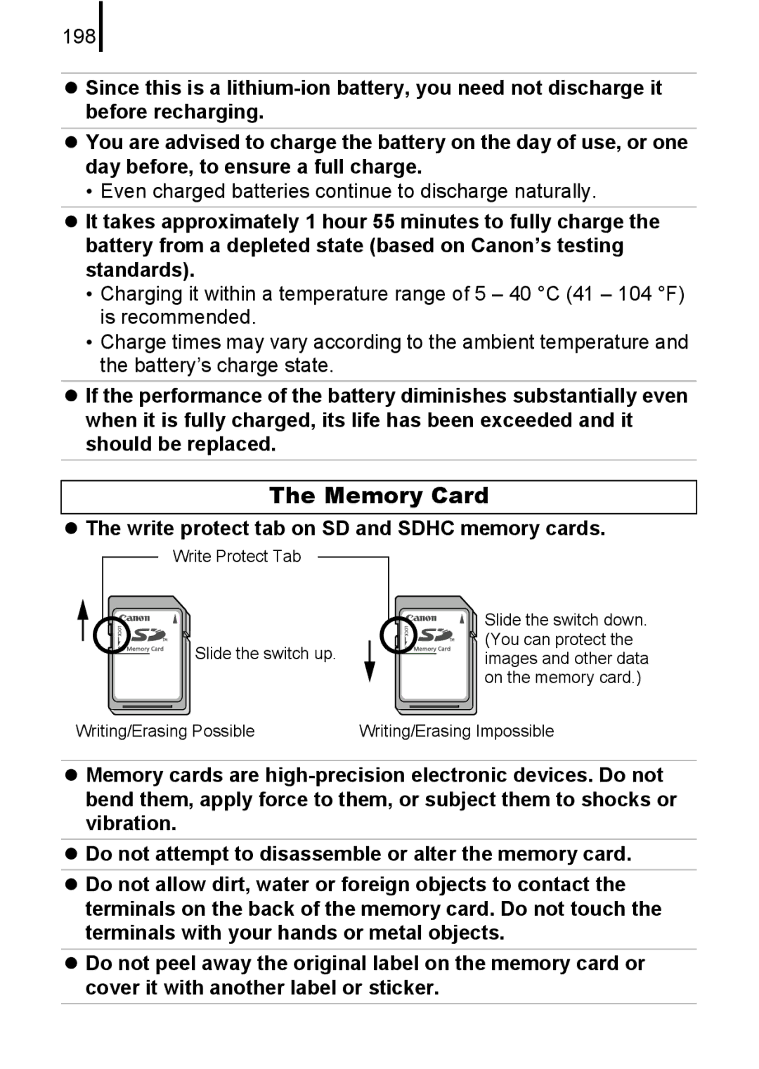 Canon 85IS manual Memory Card, 198, Even charged batteries continue to discharge naturally 