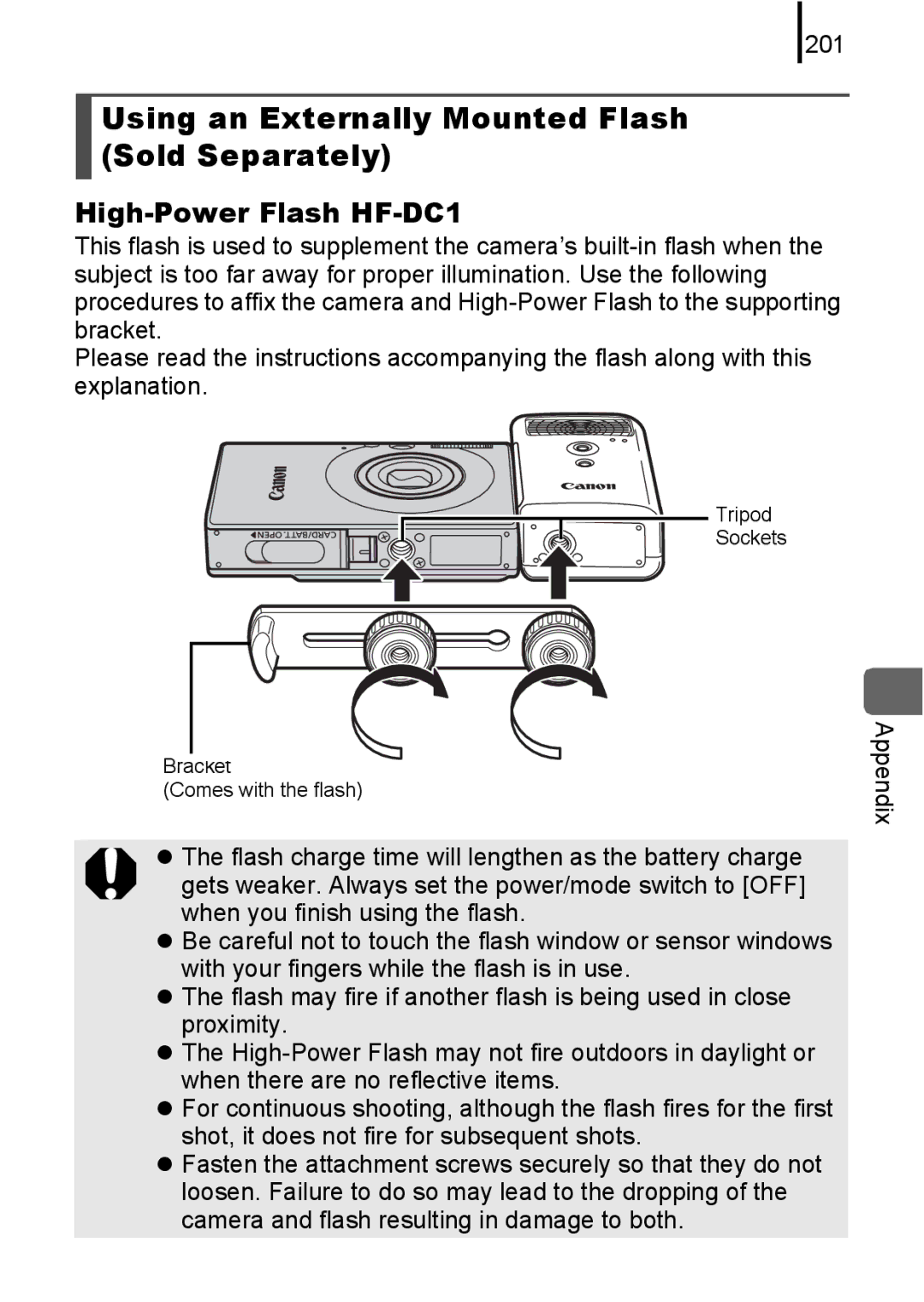 Canon 85IS manual Using an Externally Mounted Flash Sold Separately, High-Power Flash HF-DC1, 201 