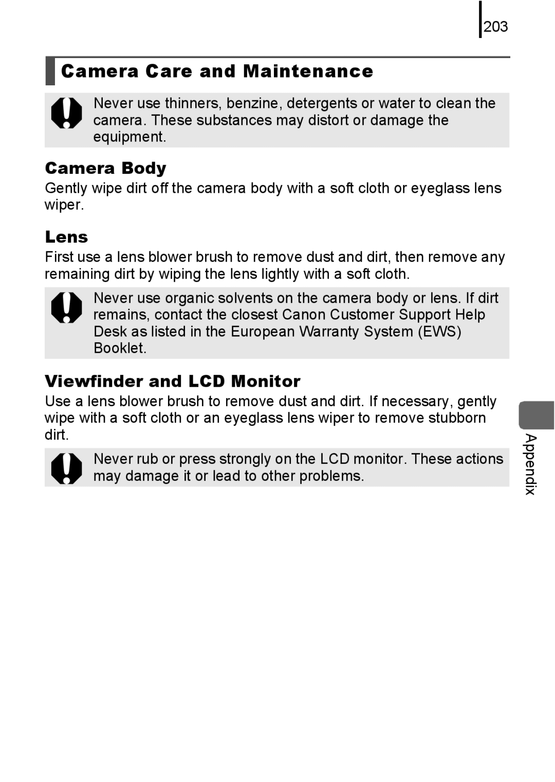 Canon 85IS manual Camera Care and Maintenance, Camera Body, Lens, Viewfinder and LCD Monitor, 203 