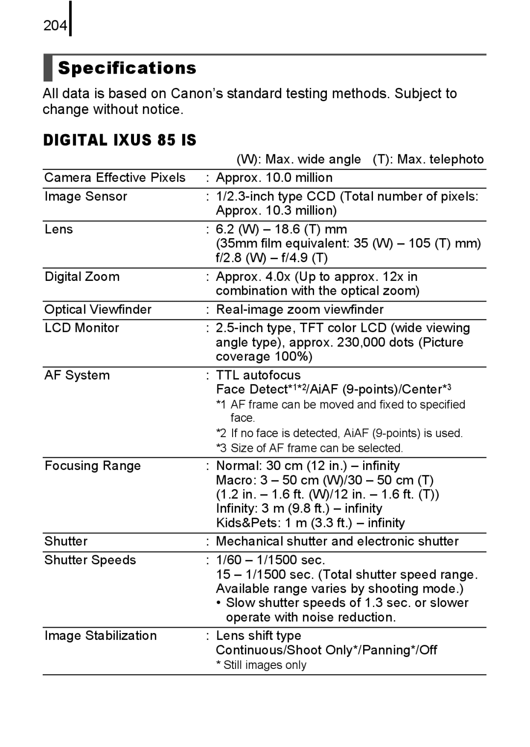 Canon 85IS manual Specifications, 204 