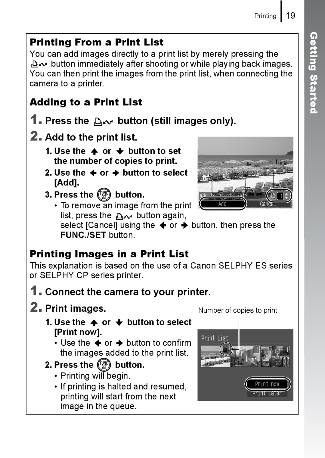 Canon 85IS Printing From a Print List, Printing Images in a Print List, Connect the camera to your printer Print images 