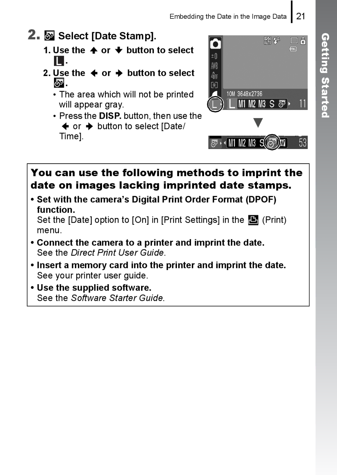 Canon 85IS manual Select Date Stamp, Use the or button to select 