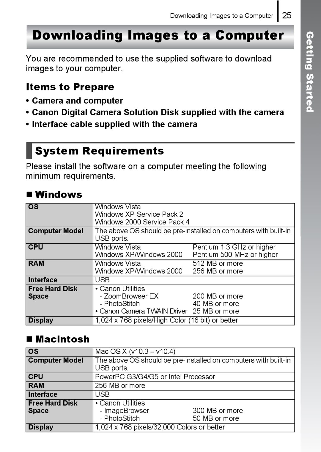 Canon 85IS manual Downloading Images to a Computer, System Requirements, Items to Prepare, „ Windows, „ Macintosh 