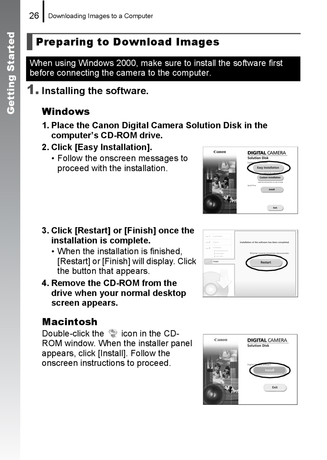 Canon 85IS manual Preparing to Download Images, Installing the software Windows, Macintosh 