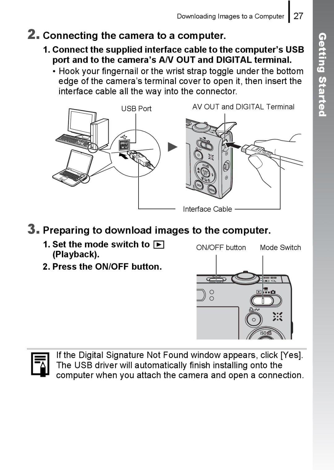 Canon 85IS manual Connecting the camera to a computer, Preparing to download images to the computer, Set the mode switch to 