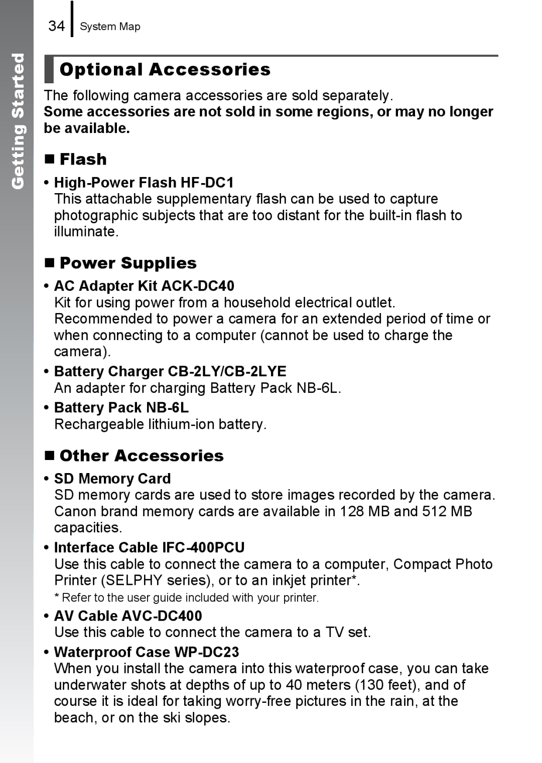 Canon 85IS manual Optional Accessories, „ Flash, „ Power Supplies, „ Other Accessories 