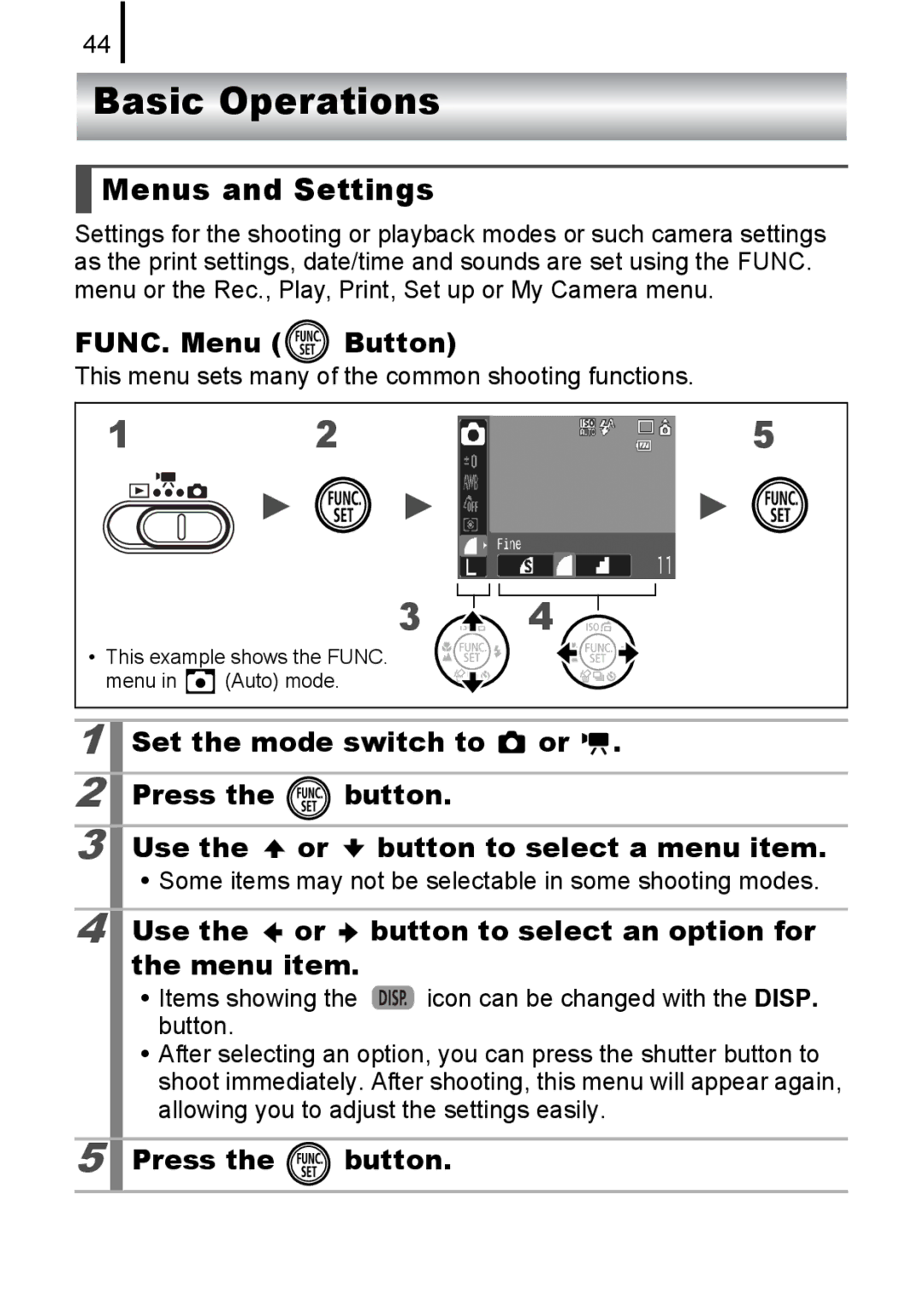 Canon 85IS manual Basic Operations, Menus and Settings, FUNC. Menu Button, Press Button 