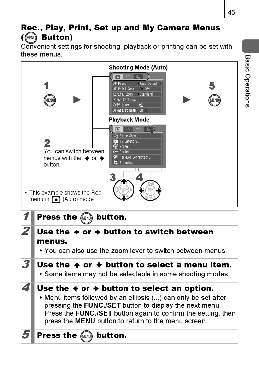 Canon 85IS Rec., Play, Print, Set up and My Camera Menus Button, Use the or button to select an option, Basic Operations 