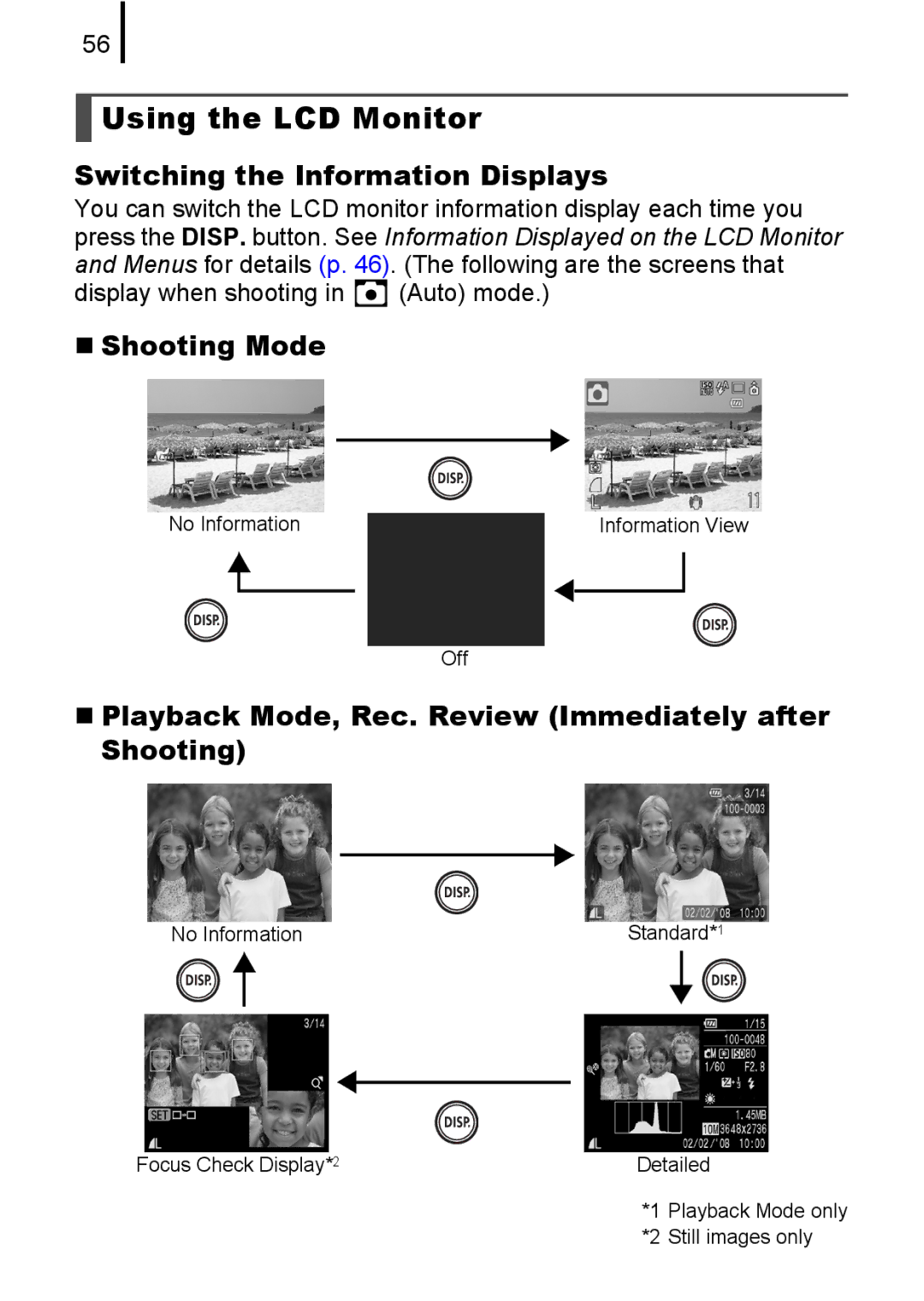 Canon 85IS Using the LCD Monitor, Switching the Information Displays, „ Shooting Mode, Display when shooting in Auto mode 