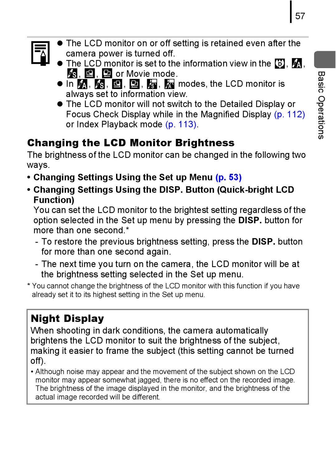 Canon 85IS manual Changing the LCD Monitor Brightness, Night Display 