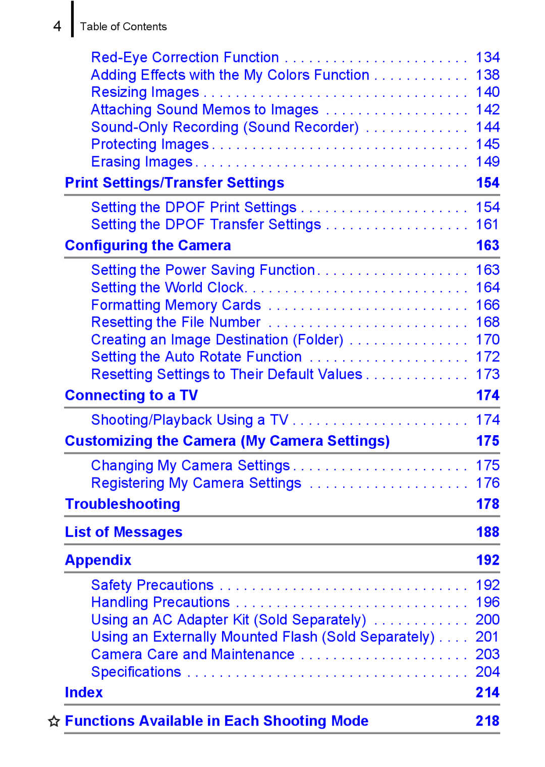 Canon 85IS manual Index 214 Functions Available in Each Shooting Mode 218 