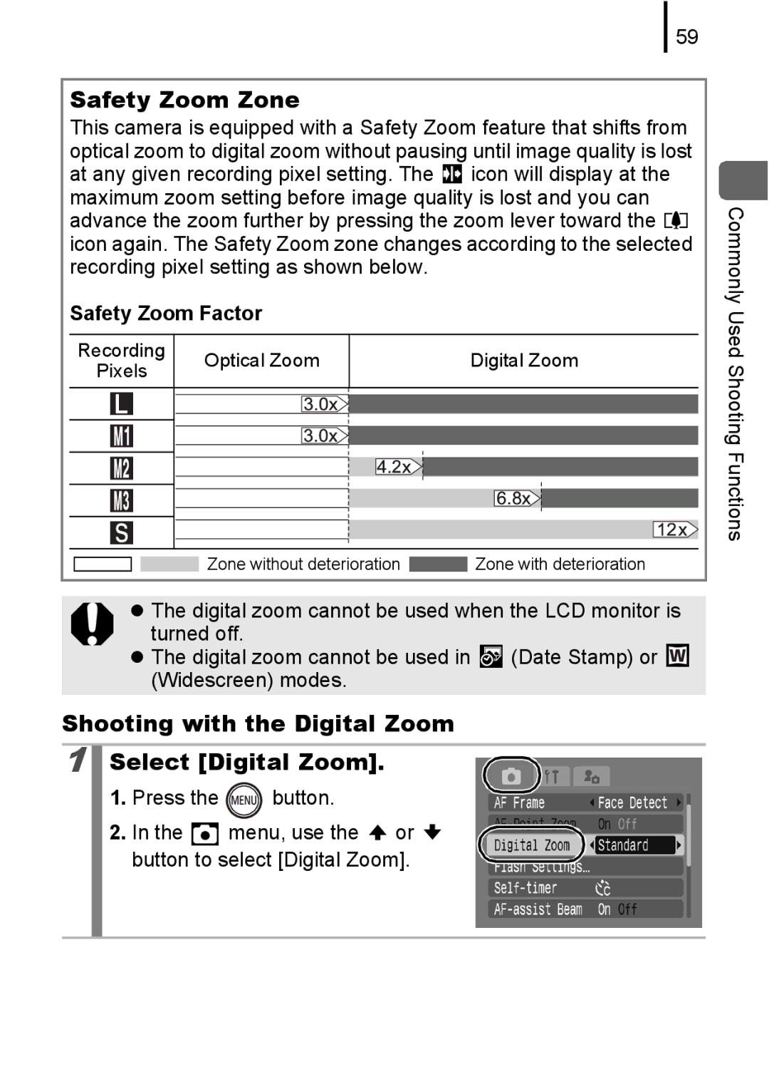 Canon 85IS manual Safety Zoom Zone, Shooting with the Digital Zoom Select Digital Zoom, Safety Zoom Factor 