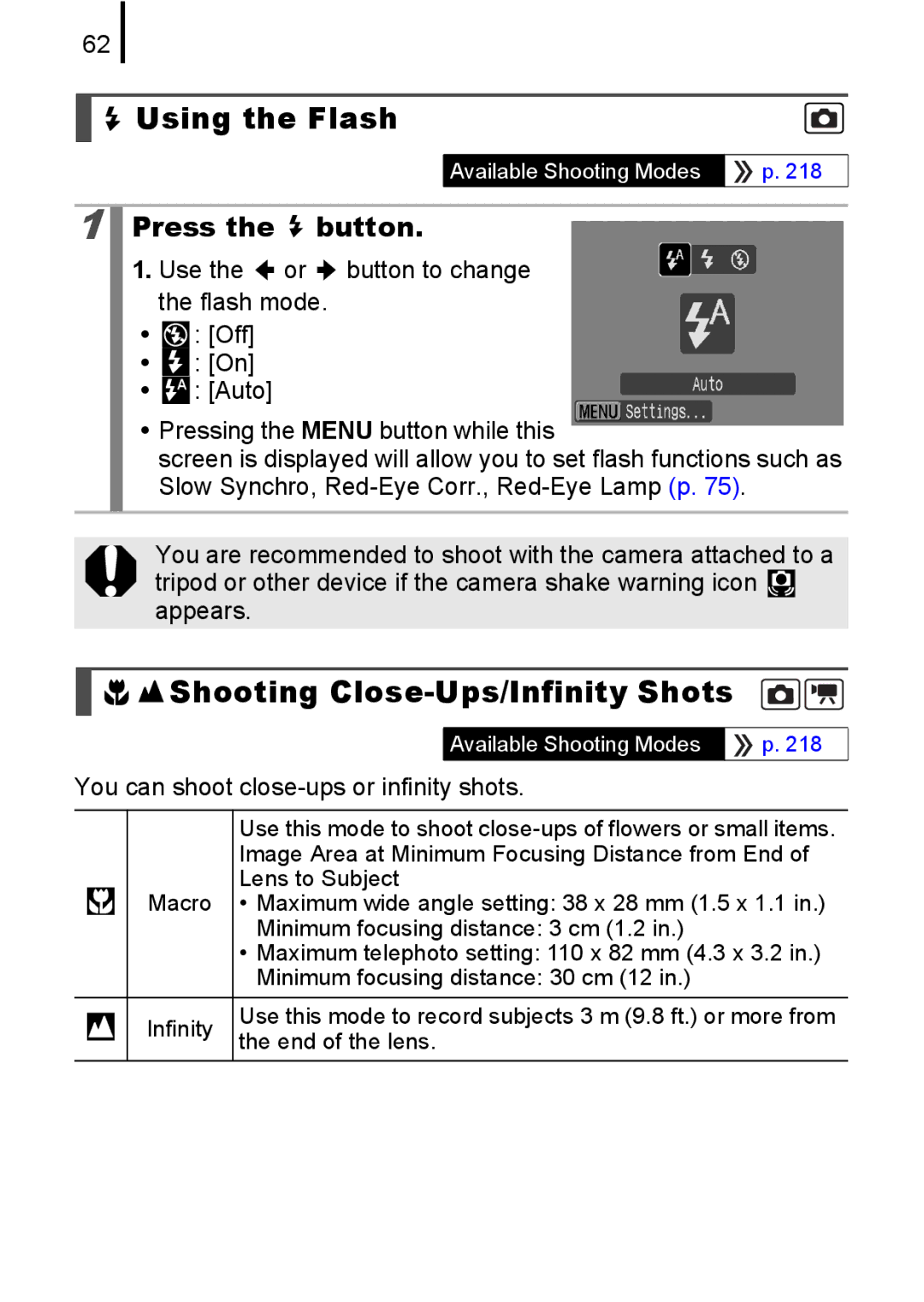 Canon 85IS manual Using the Flash, Shooting Close-Ups/Infinity Shots, You can shoot close-ups or infinity shots 