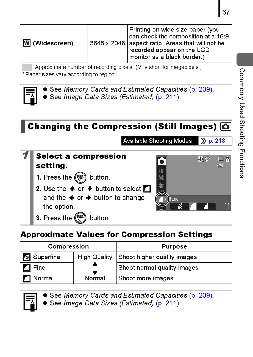 Canon 85IS manual Changing the Compression Still Images, Select a compression setting, Widescreen, Compression Purpose 