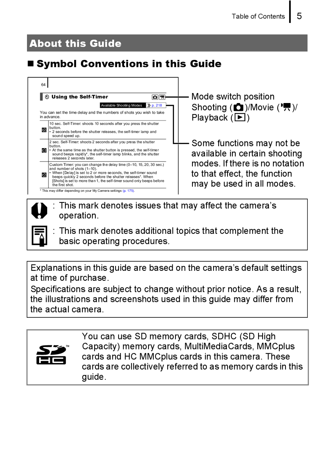 Canon 85IS manual „ Symbol Conventions in this Guide, Mode switch position Shooting /Movie / Playback 