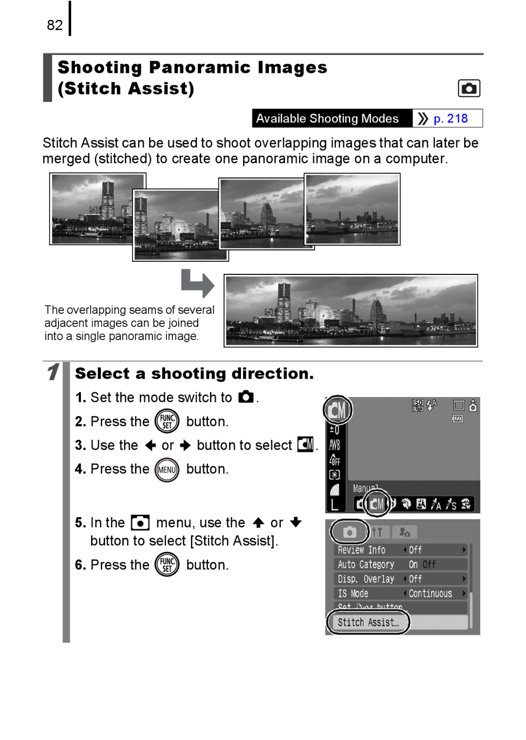 Canon 85IS manual Shooting Panoramic Images Stitch Assist, Select a shooting direction 